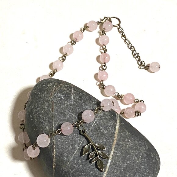Natural Pink Rose Quartz Necklace, Bronze Leaf Branch + Genuine Gemstone Choker - Picture 4 of 14